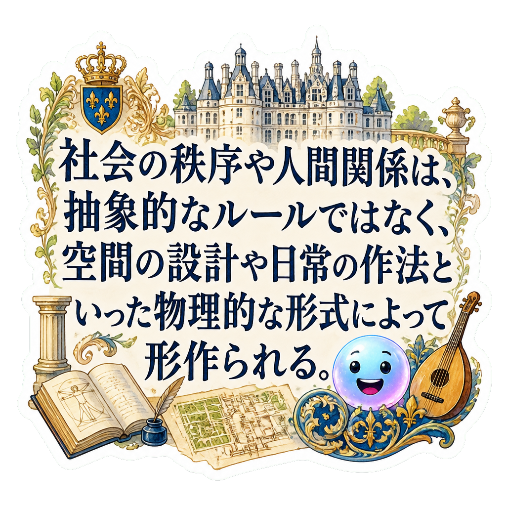 社会の秩序や人間関係は、抽象的なルールではなく、空間の設計や日常の作法といった物理的な形式によって形作られる。