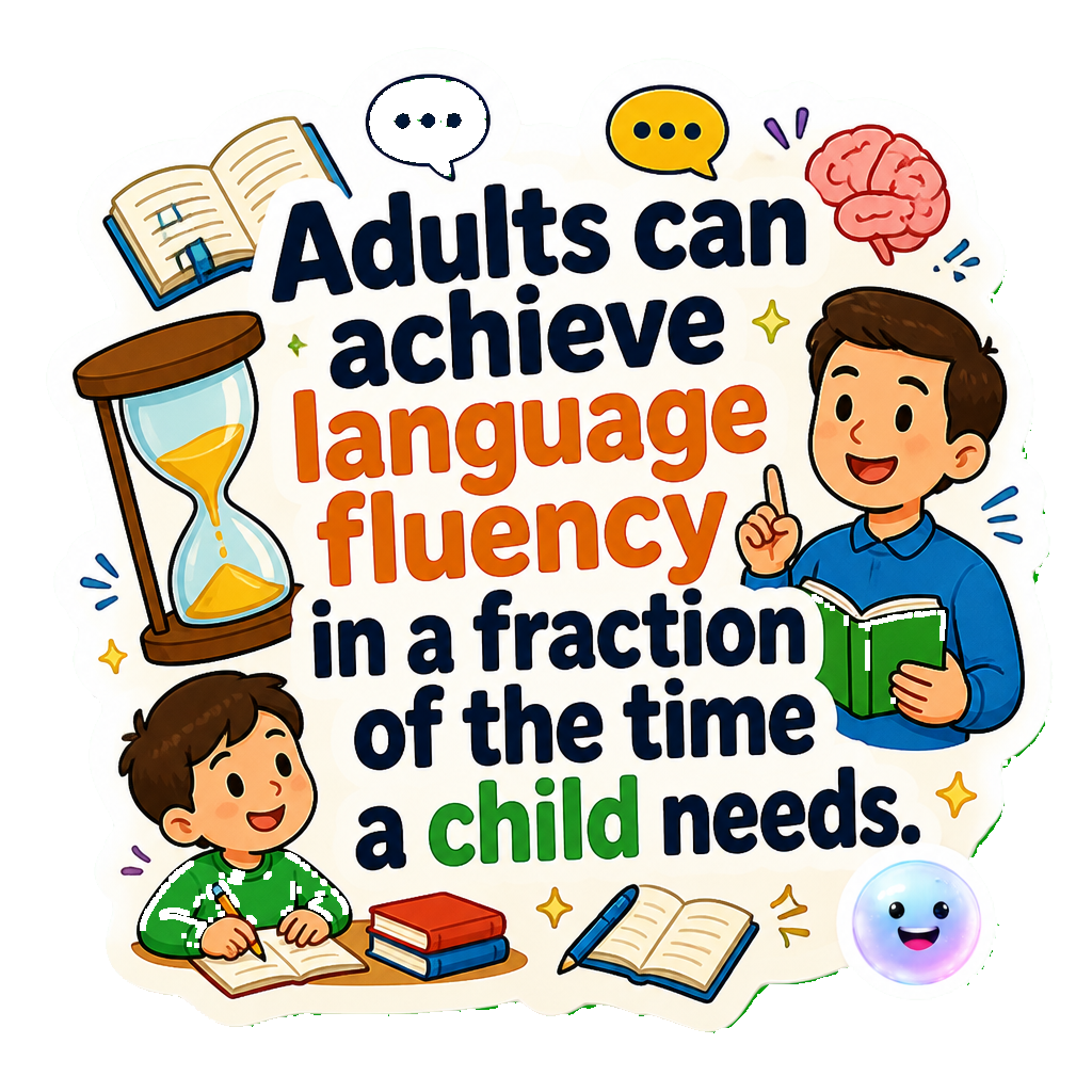 Adults can achieve language fluency in a fraction of the time a child needs.