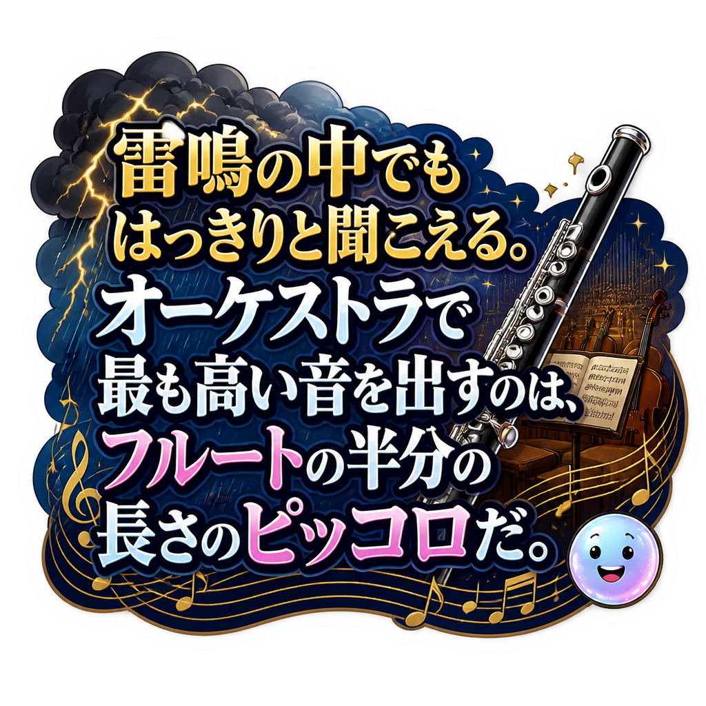 雷鳴の中でもはっきりと聞こえる。オーケストラで最も高い音を出すのは、フルートの半分の長さのピッコロだ。