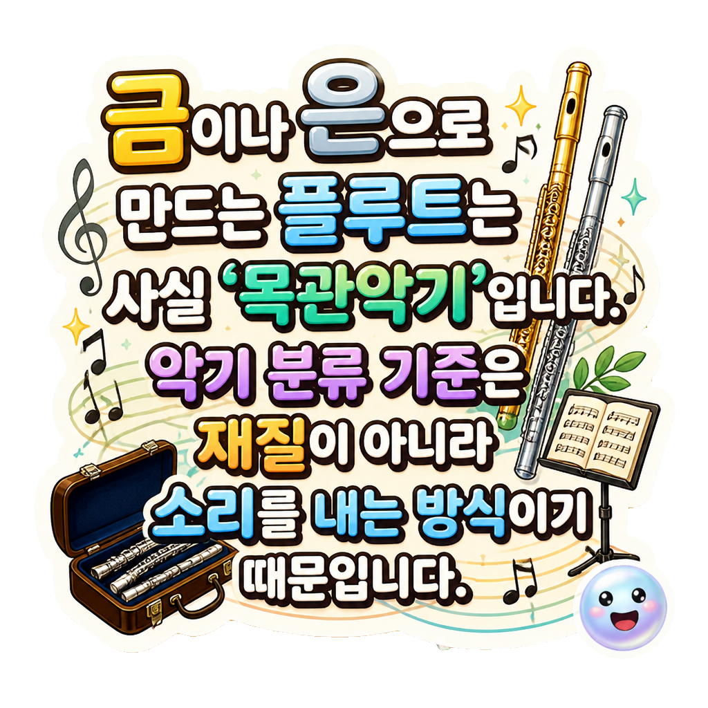 금이나 은으로 만드는 플루트는 사실 '목관악기'입니다. 악기 분류 기준은 재질이 아니라 소리를 내는 방식이기 때문입니다.