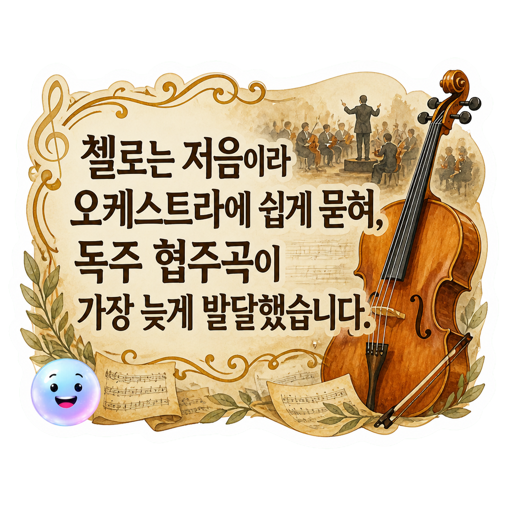 첼로는 저음이라 오케스트라에 쉽게 묻혀, 독주 협주곡이 가장 늦게 발달했습니다.
