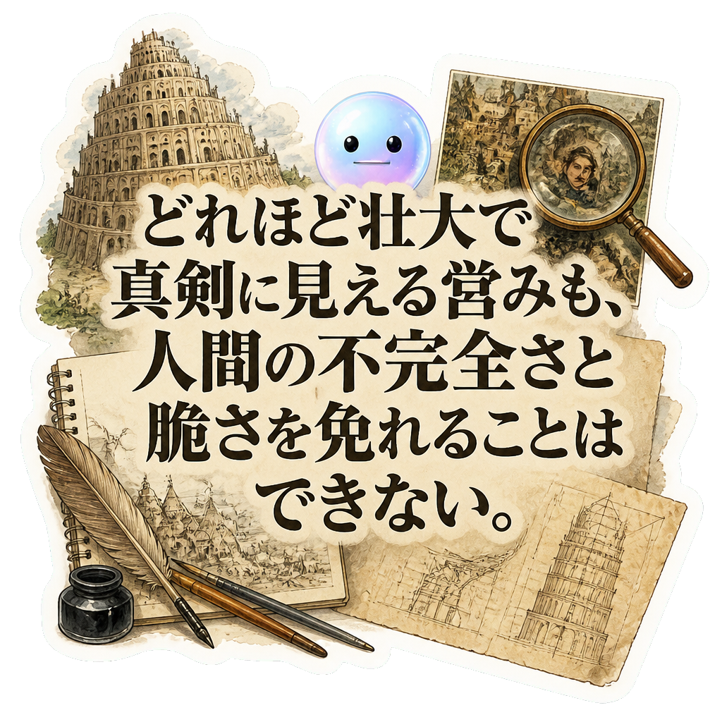 どれほど壮大で真剣に見える営みも、人間の不完全さと脆さを免れることはできない。