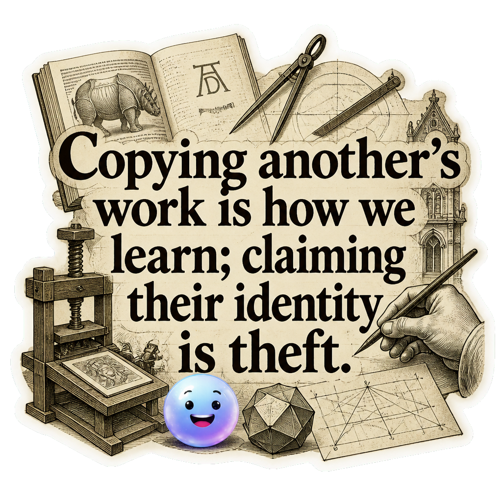 Copying another's work is how we learn; claiming their identity is theft.
