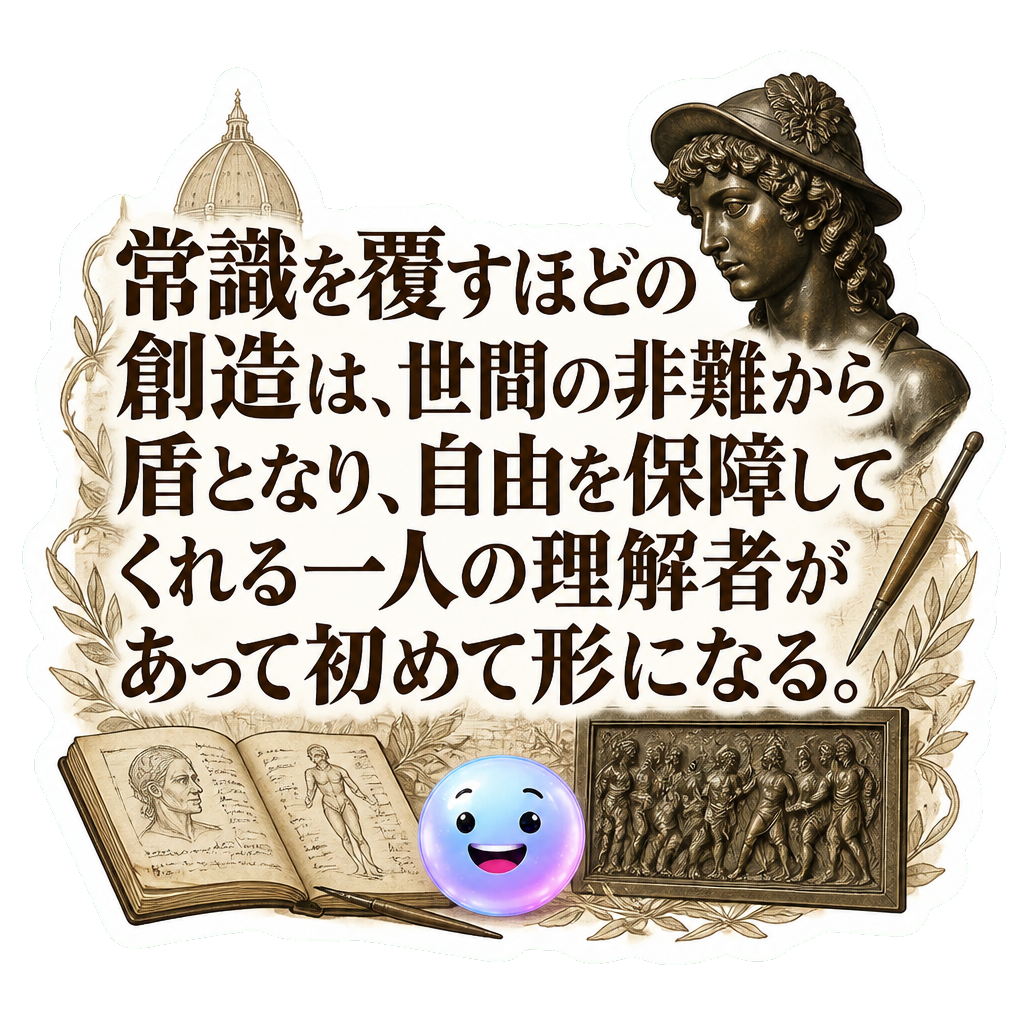 常識を覆すほどの創造は、世間の非難から盾となり、自由を保障してくれる一人の理解者があって初めて形になる。