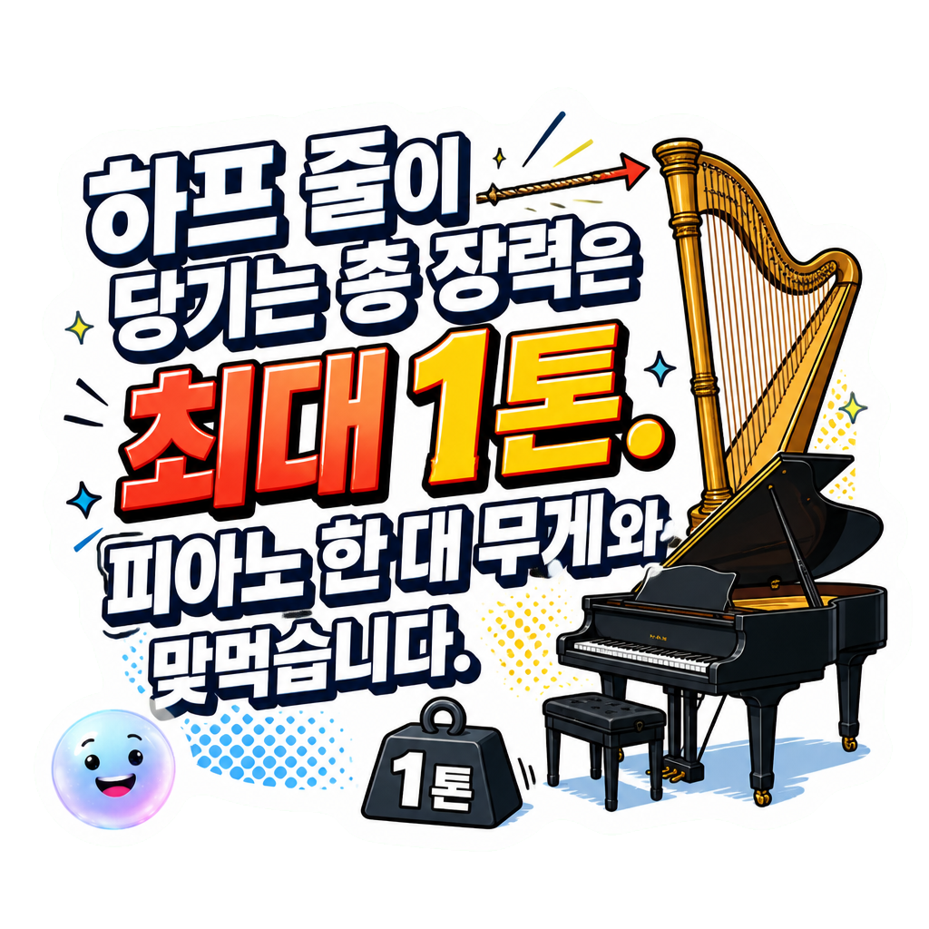 하프 줄이 당기는 총 장력은 최대 1톤. 피아노 한 대 무게와 맞먹습니다.