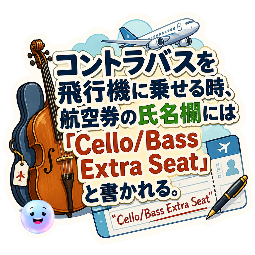 コントラバスを飛行機に乗せる時、航空券の氏名欄には「Cello/Bass Extra Seat」と書かれる。