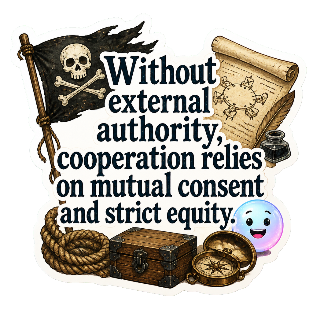 Without external authority, cooperation relies on mutual consent and strict equity.