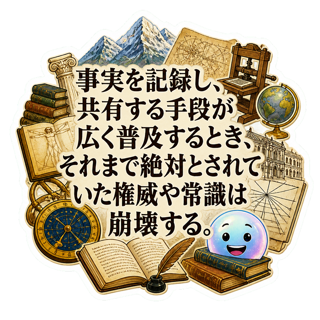 事実を記録し、共有する手段が広く普及するとき、それまで絶対とされていた権威や常識は崩壊する。