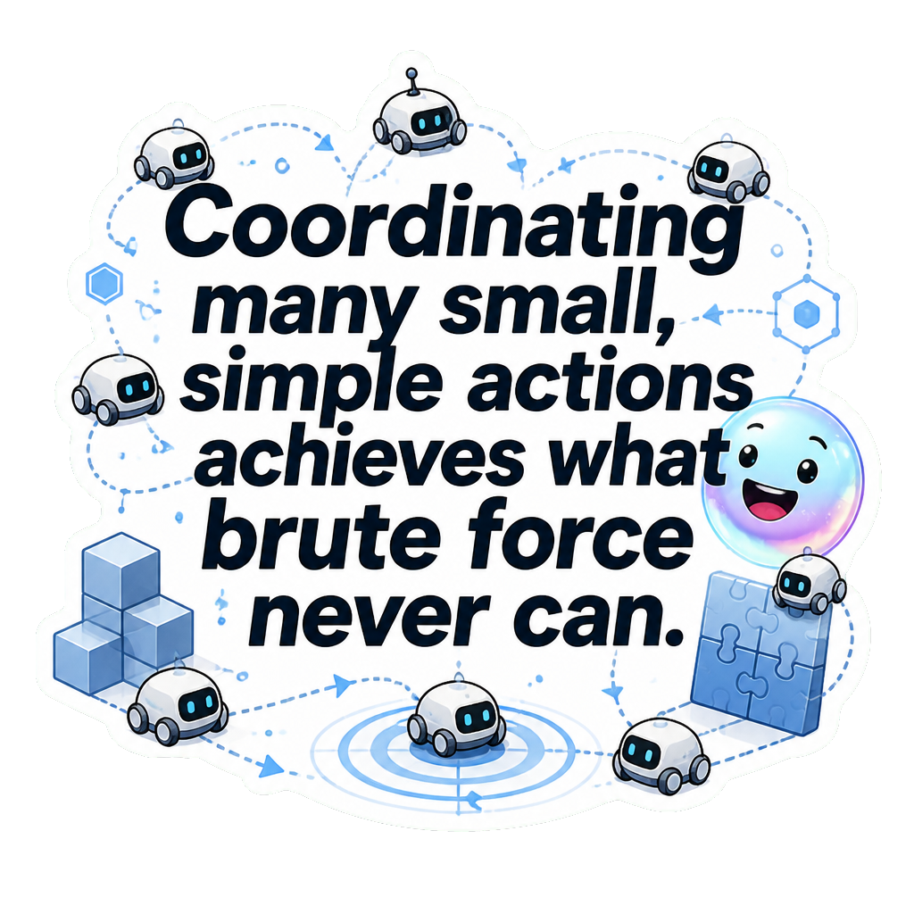 Coordinating many small, simple actions achieves what brute force never can.