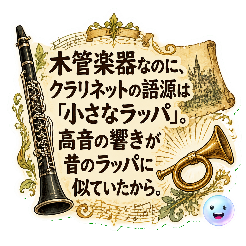 木管楽器なのに、クラリネットの語源は「小さなラッパ」。高音の響きが昔のラッパに似ていたから。
