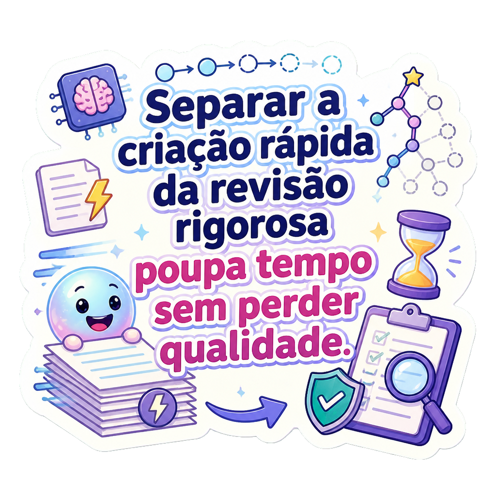 Separar a criação rápida da revisão rigorosa poupa tempo sem perder qualidade.