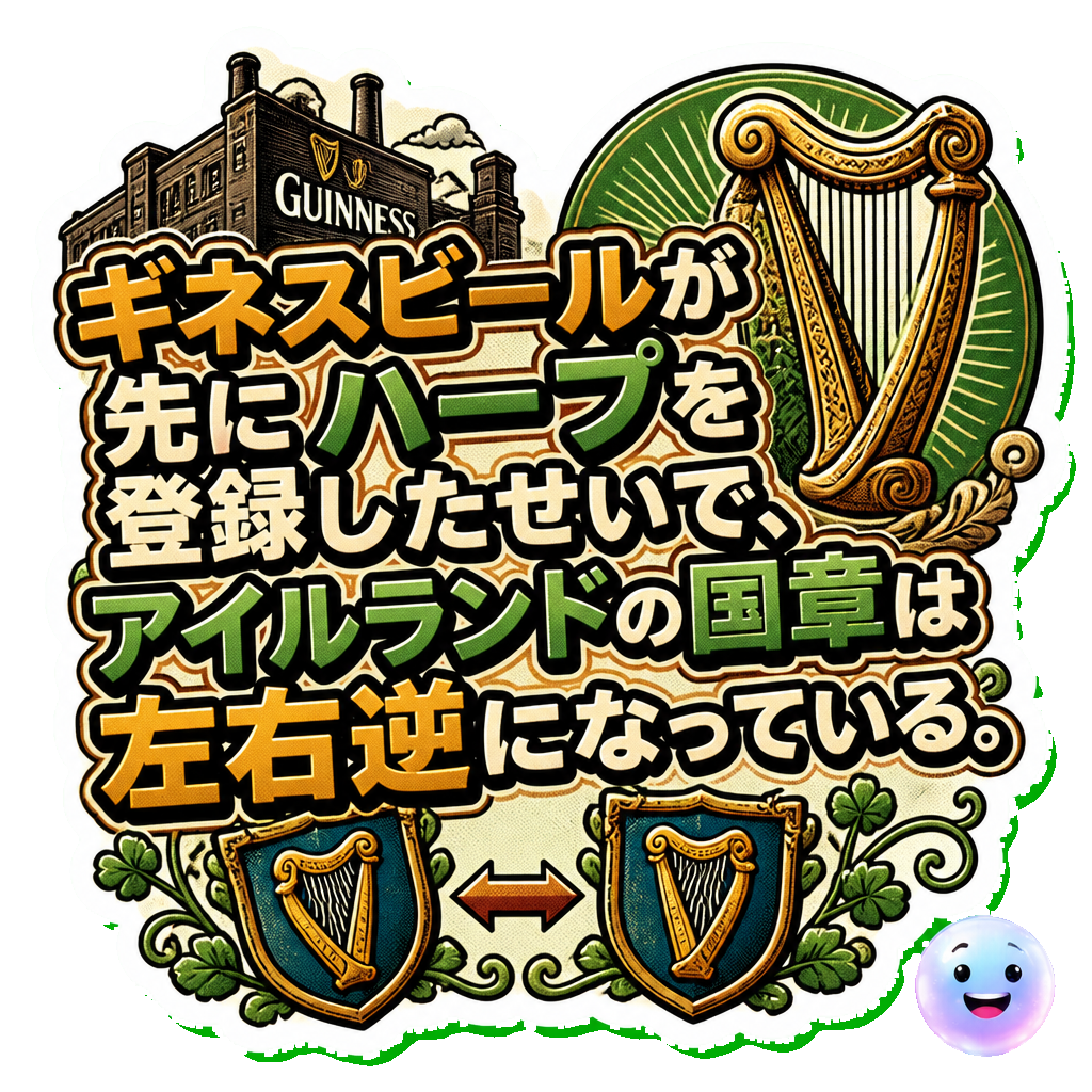 ギネスビールが先にハープを登録したせいで、アイルランドの国章は左右逆になっている。