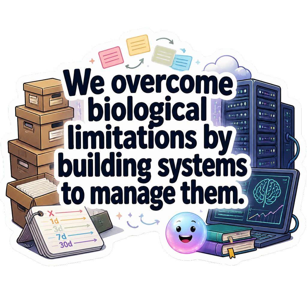 We overcome biological limitations by building systems to manage them.