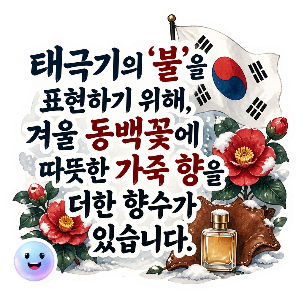 태극기의 '불'을 표현하기 위해, 겨울 동백꽃에 따뜻한 가죽 향을 더한 향수가 있습니다.