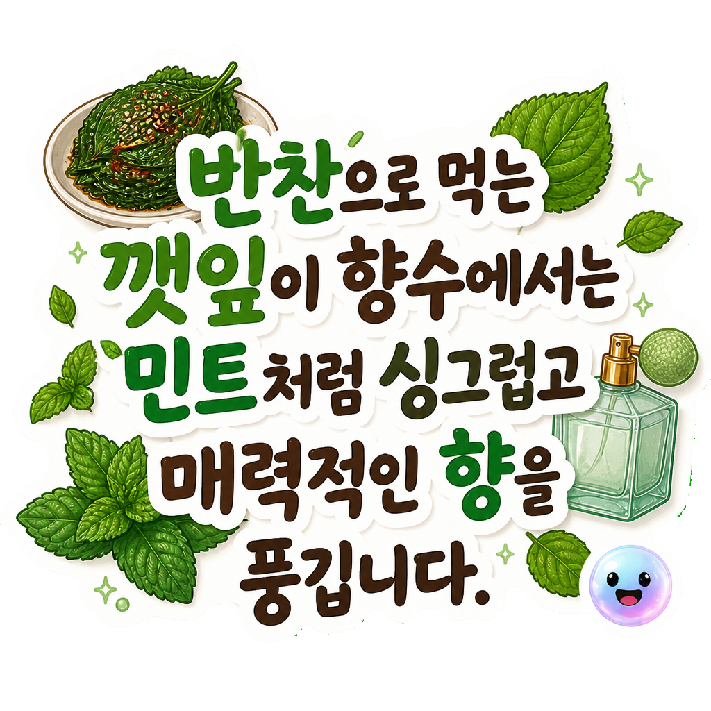 반찬으로 먹는 깻잎이 향수에서는 민트처럼 싱그럽고 매력적인 향을 풍깁니다.