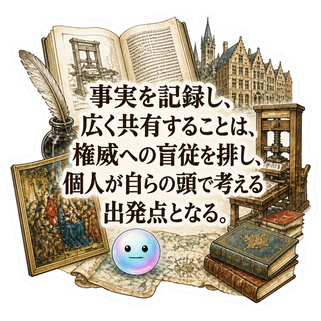 事実を記録し、広く共有することは、権威への盲従を排し、個人が自らの頭で考える出発点となる。