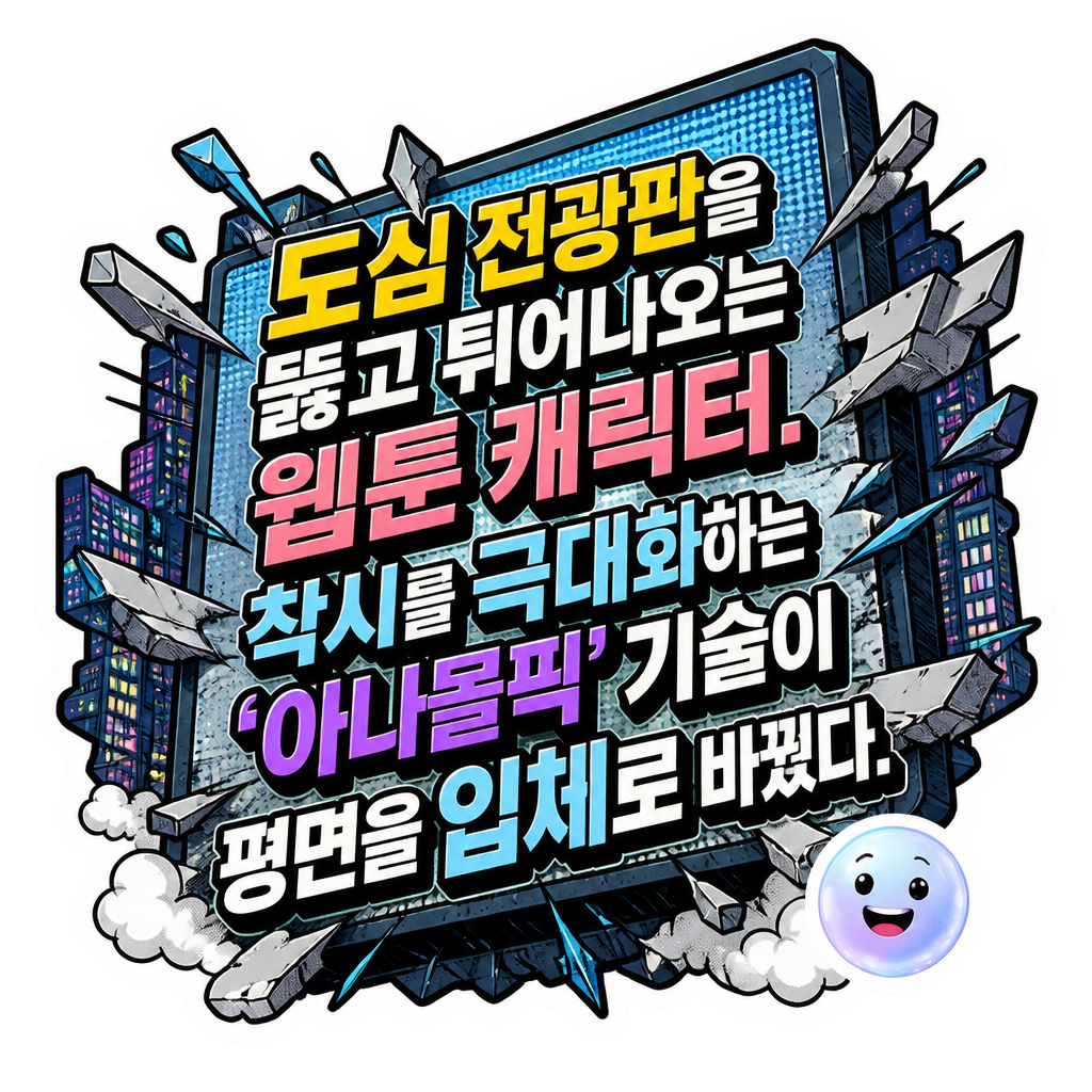 도심 전광판을 뚫고 튀어나오는 웹툰 캐릭터. 착시를 극대화하는 '아나몰픽' 기술이 평면을 입체로 바꿨다.