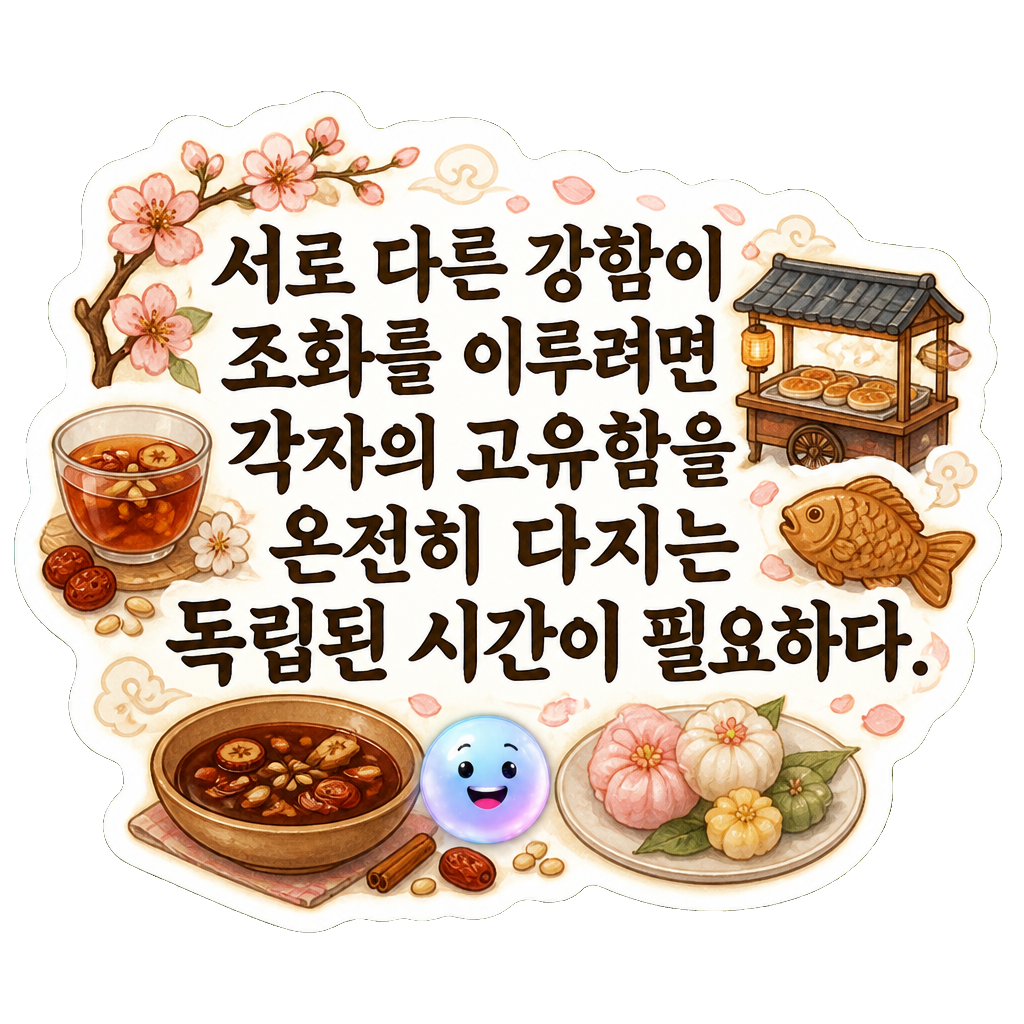 서로 다른 강함이 조화를 이루려면 각자의 고유함을 온전히 다지는 독립된 시간이 필요하다.