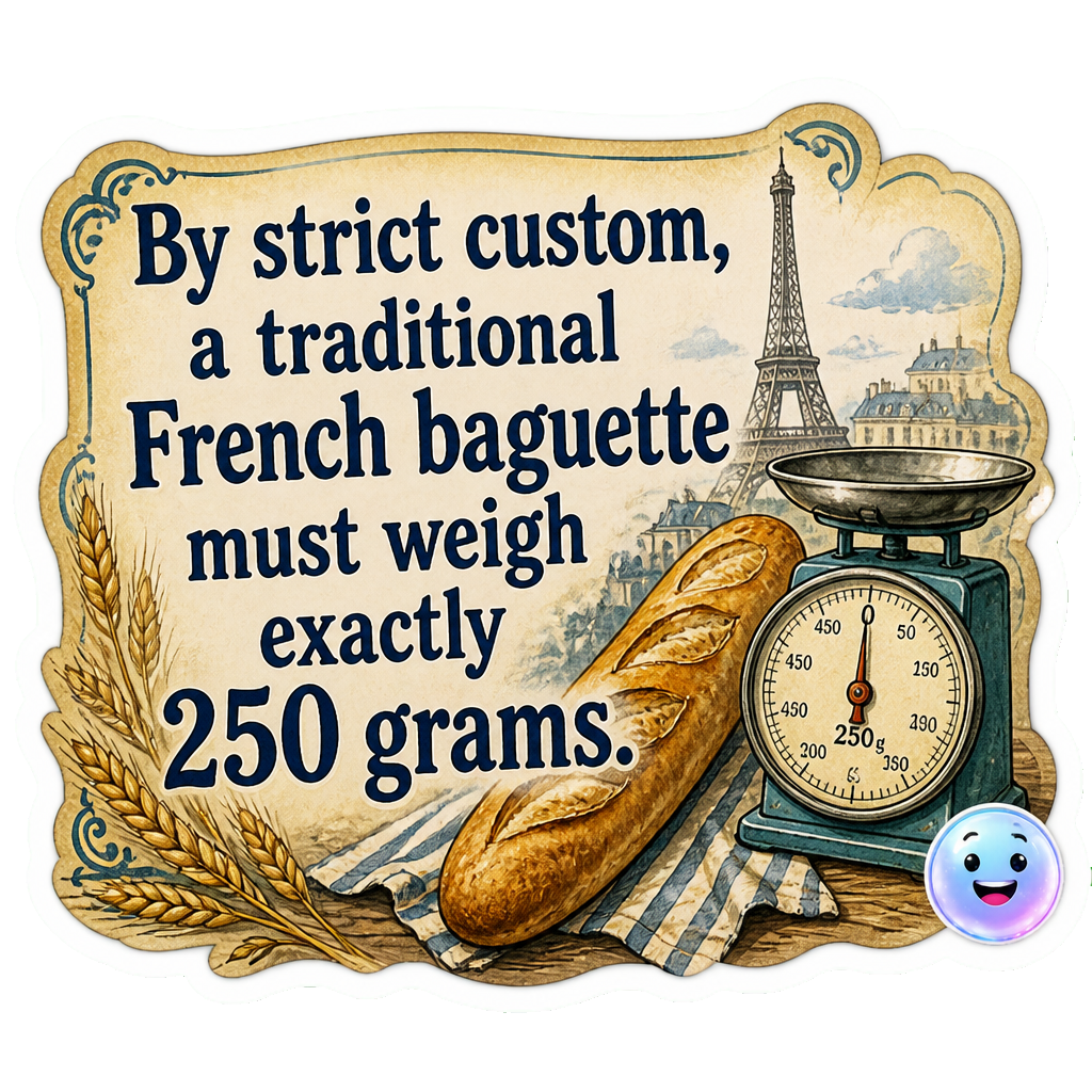 By strict custom, a traditional French baguette must weigh exactly 250 grams.