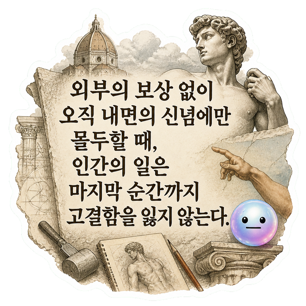 외부의 보상 없이 오직 내면의 신념에만 몰두할 때, 인간의 일은 마지막 순간까지 고결함을 잃지 않는다.