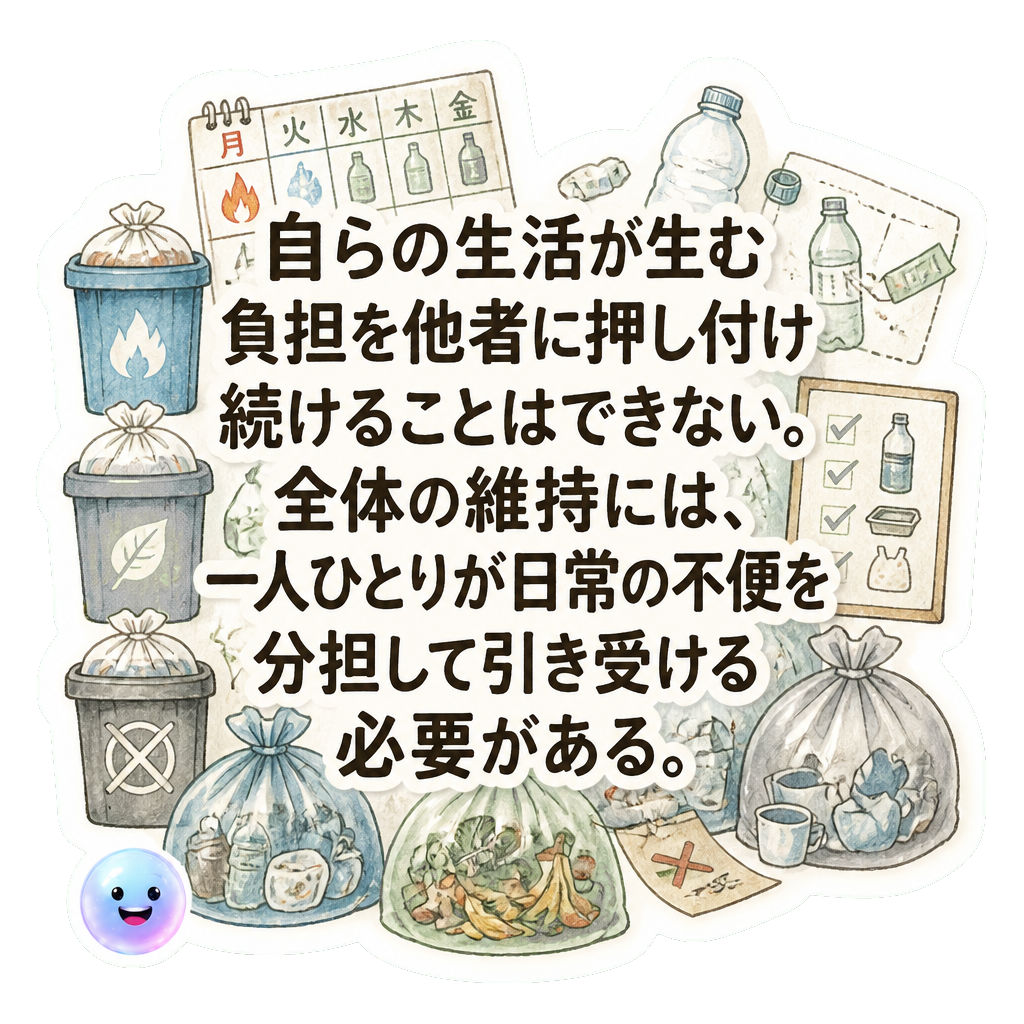 自らの生活が生む負担を他者に押し付け続けることはできない。全体の維持には、一人ひとりが日常の不便を分担して引き受ける必要がある。