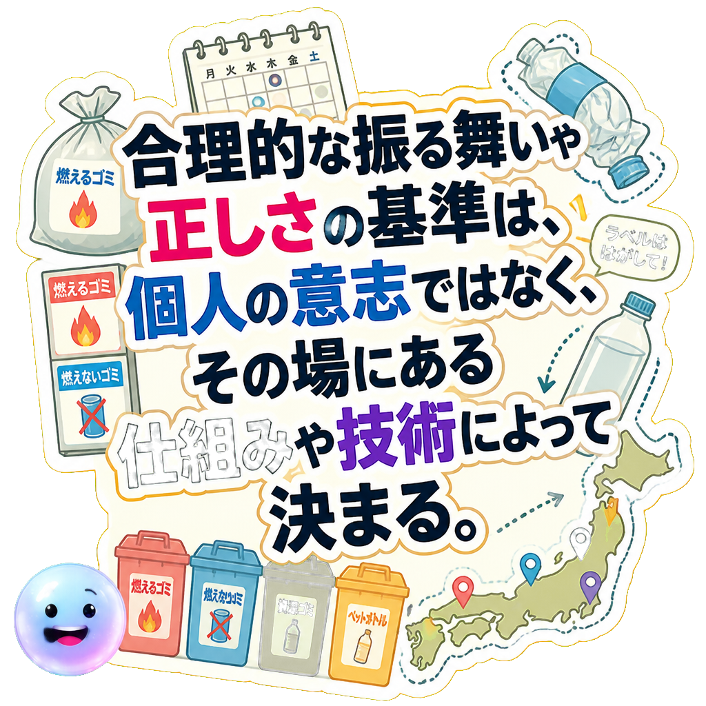 合理的な振る舞いや正しさの基準は、個人の意志ではなく、その場にある仕組みや技術によって決まる。