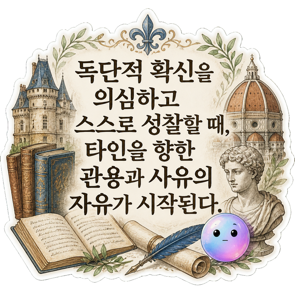독단적 확신을 의심하고 스스로 성찰할 때, 타인을 향한 관용과 사유의 자유가 시작된다.