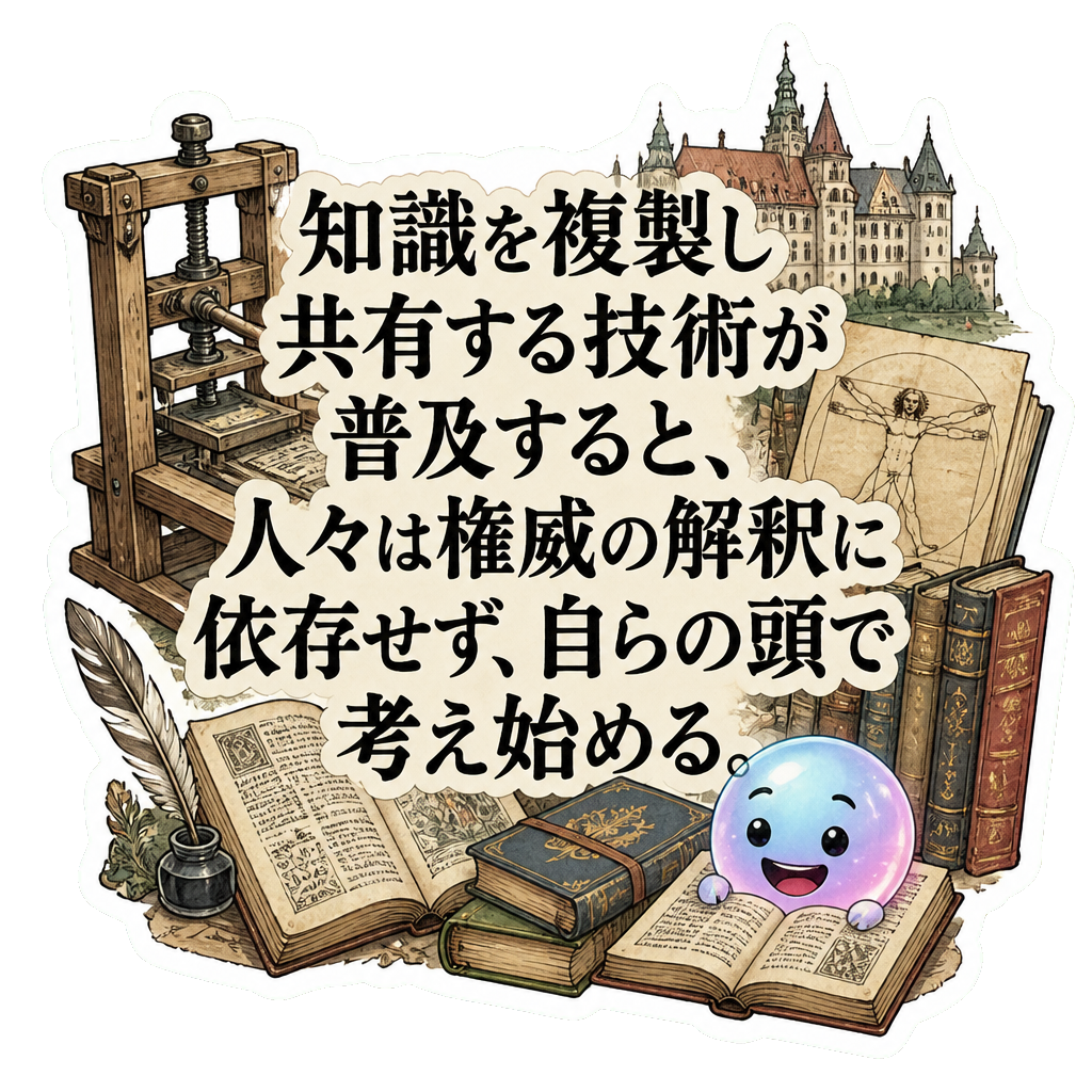 知識を複製し共有する技術が普及すると、人々は権威の解釈に依存せず、自らの頭で考え始める。