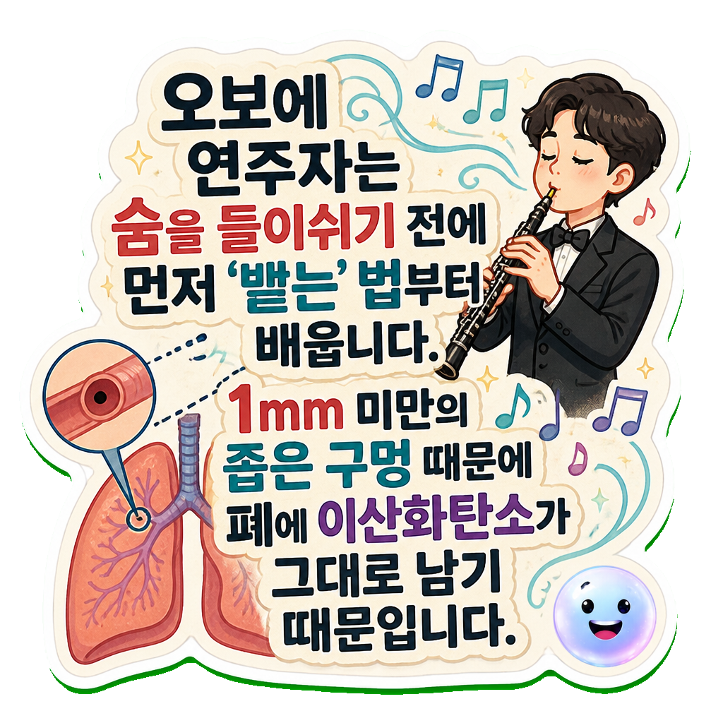 오보에 연주자는 숨을 들이쉬기 전에 먼저 '뱉는' 법부터 배웁니다. 1mm 미만의 좁은 구멍 때문에 폐에 이산화탄소가 그대로 남기 때문입니다.