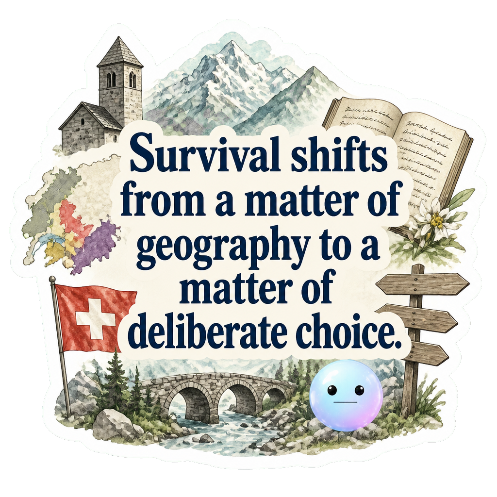 Survival shifts from a matter of geography to a matter of deliberate choice.