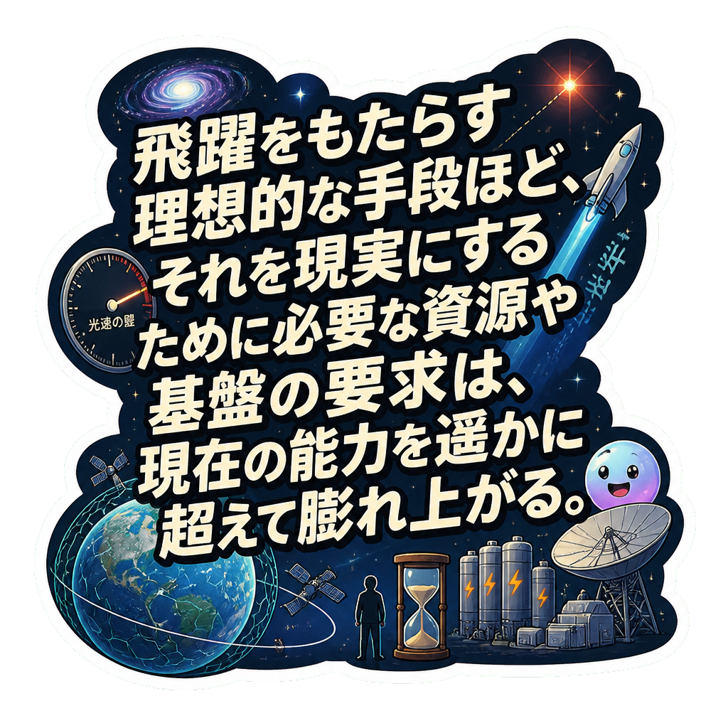 飛躍をもたらす理想的な手段ほど、それを現実にするために必要な資源や基盤の要求は、現在の能力を遥かに超えて膨れ上がる。