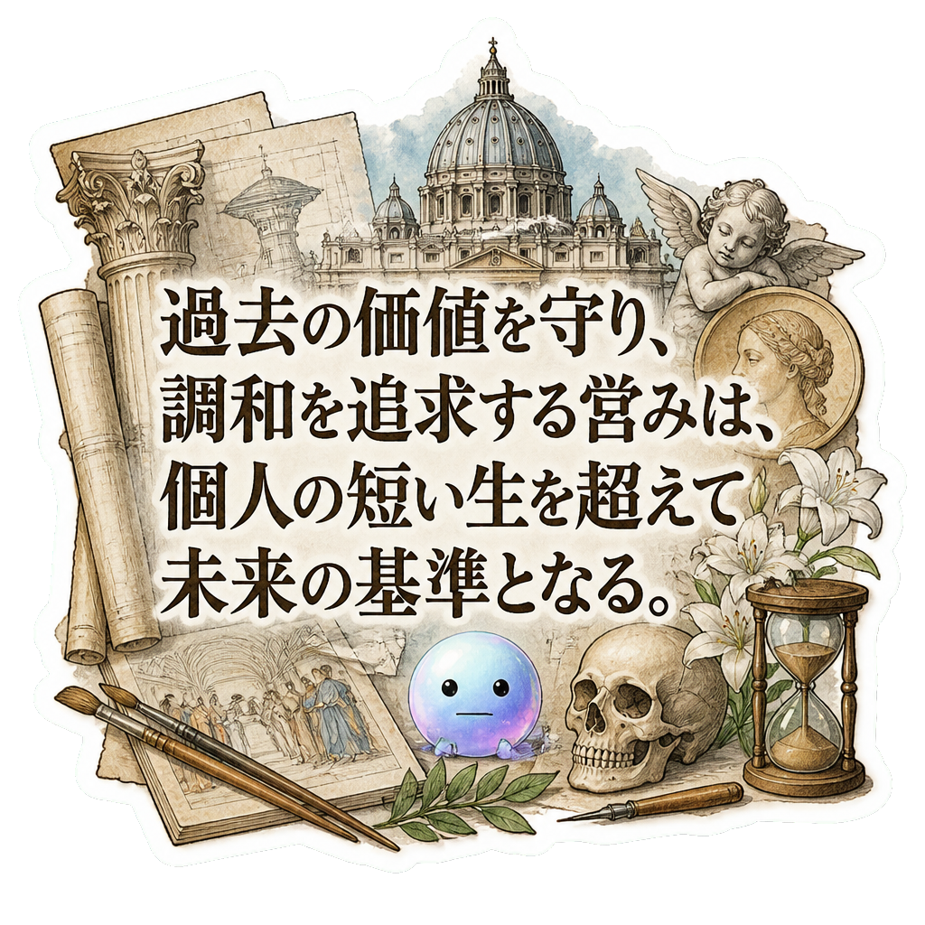 過去の価値を守り、調和を追求する営みは、個人の短い生を超えて未来の基準となる。