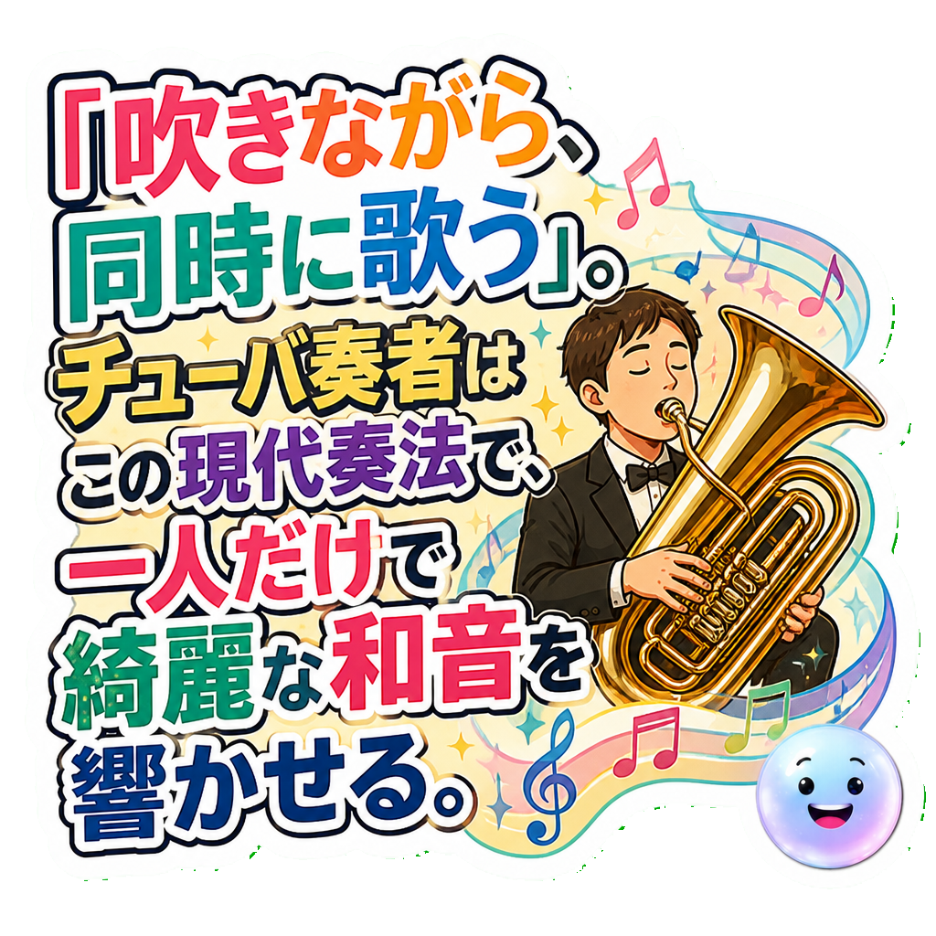 「吹きながら、同時に歌う」。チューバ奏者はこの現代奏法で、一人だけで綺麗な和音を響かせる。