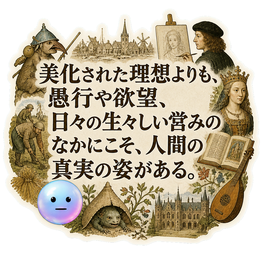 美化された理想よりも、愚行や欲望、日々の生々しい営みのなかにこそ、人間の真実の姿がある。