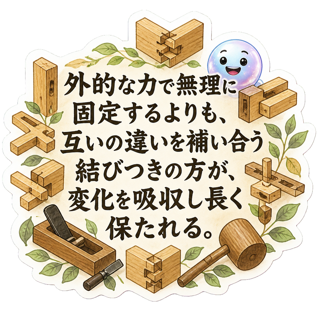 外的な力で無理に固定するよりも、互いの違いを補い合う結びつきの方が、変化を吸収し長く保たれる。