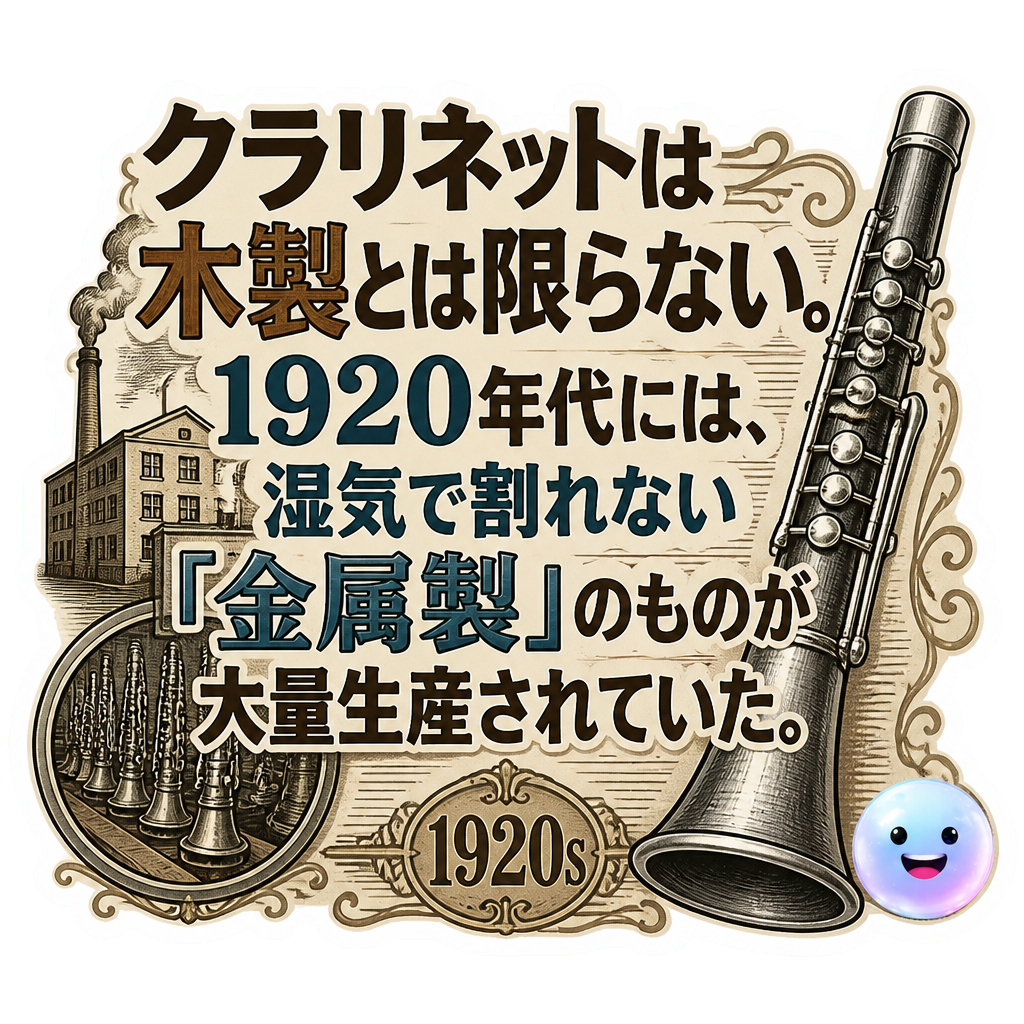 クラリネットは木製とは限らない。1920年代には、湿気で割れない「金属製」のものが大量生産されていた。