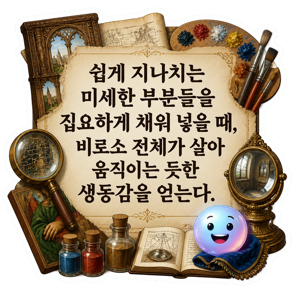 쉽게 지나치는 미세한 부분들을 집요하게 채워 넣을 때, 비로소 전체가 살아 움직이는 듯한 생동감을 얻는다.