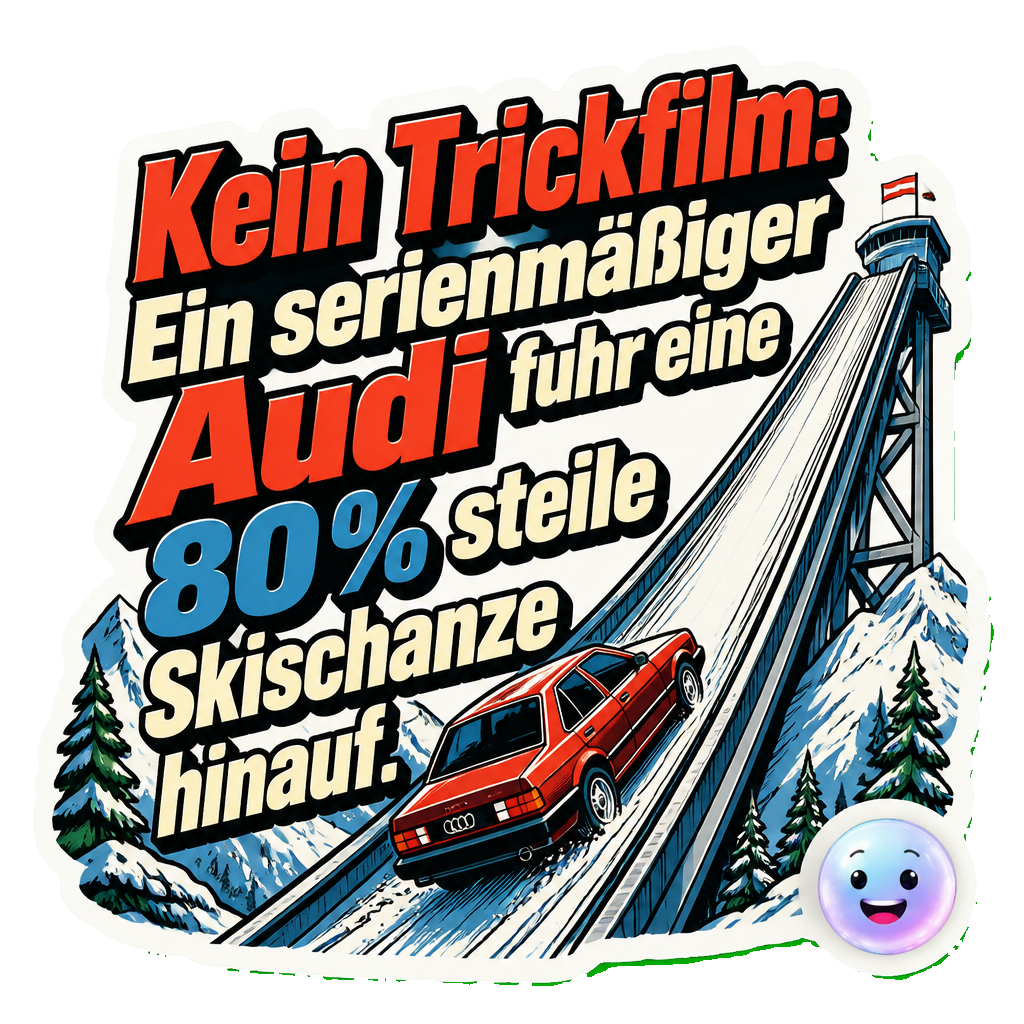 Kein Trickfilm: Ein serienmäßiger Audi fuhr eine 80 % steile Skischanze hinauf.