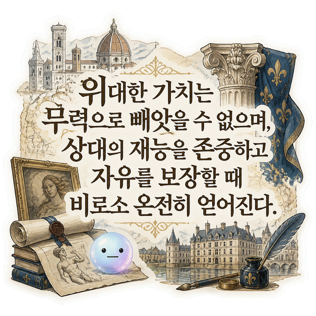 위대한 가치는 무력으로 빼앗을 수 없으며, 상대의 재능을 존중하고 자유를 보장할 때 비로소 온전히 얻어진다.