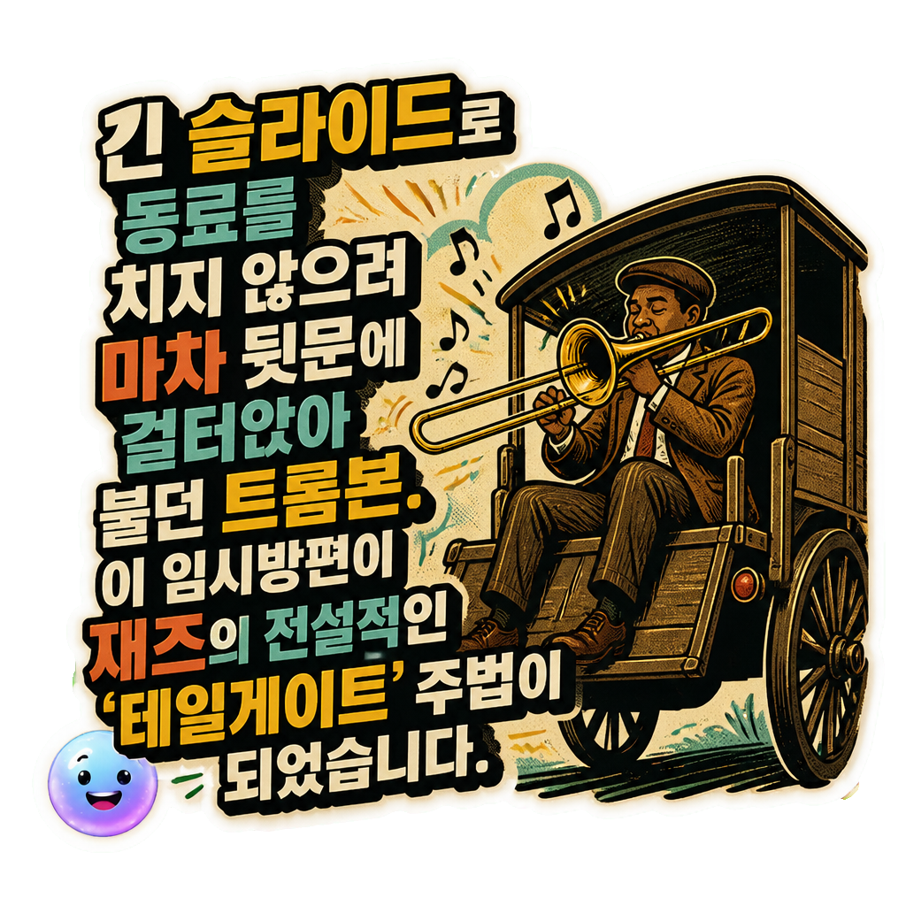 긴 슬라이드로 동료를 치지 않으려 마차 뒷문에 걸터앉아 불던 트롬본. 이 임시방편이 재즈의 전설적인 '테일게이트' 주법이 되었습니다.