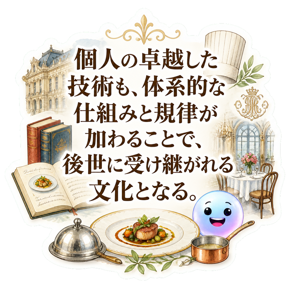 個人の卓越した技術も、体系的な仕組みと規律が加わることで、後世に受け継がれる文化となる。