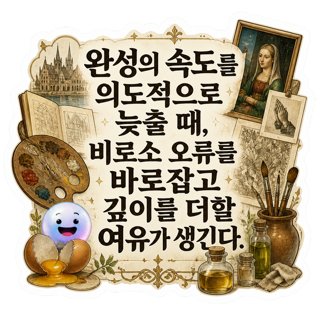완성의 속도를 의도적으로 늦출 때, 비로소 오류를 바로잡고 깊이를 더할 여유가 생긴다.