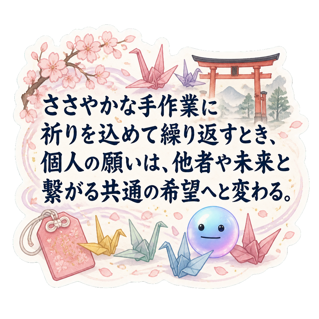 ささやかな手作業に祈りを込めて繰り返すとき、個人の願いは、他者や未来と繋がる共通の希望へと変わる。