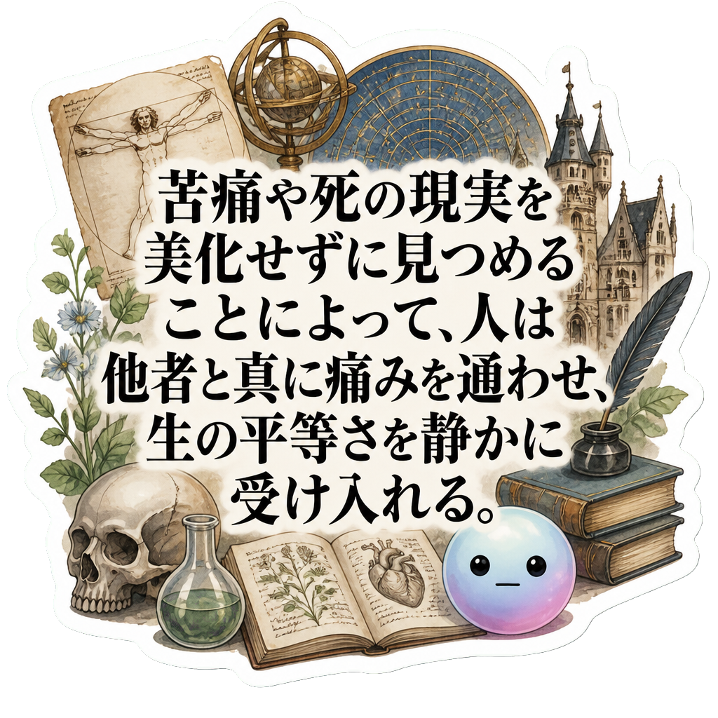 苦痛や死の現実を美化せずに見つめることによって、人は他者と真に痛みを通わせ、生の平等さを静かに受け入れる。