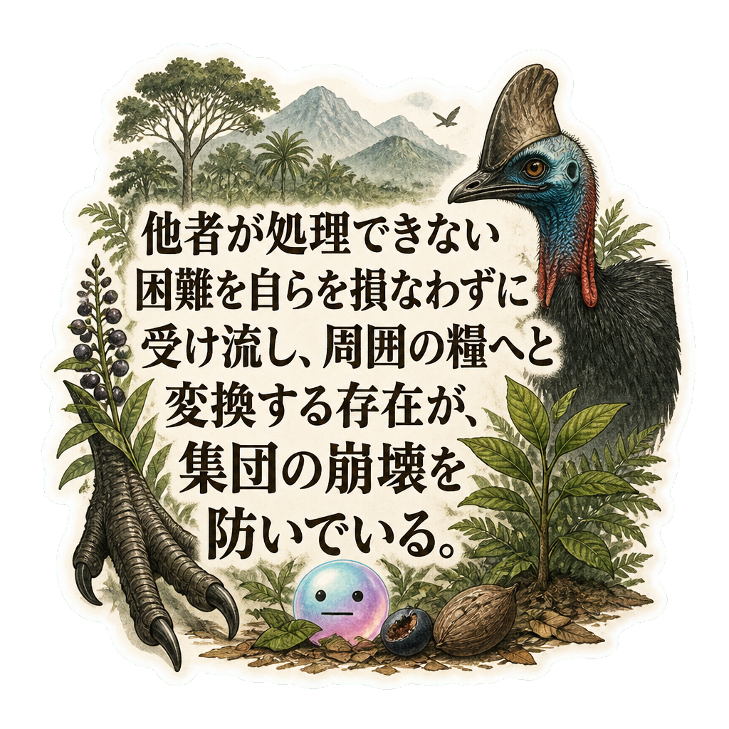 他者が処理できない困難を自らを損なわずに受け流し、周囲の糧へと変換する存在が、集団の崩壊を防いでいる。