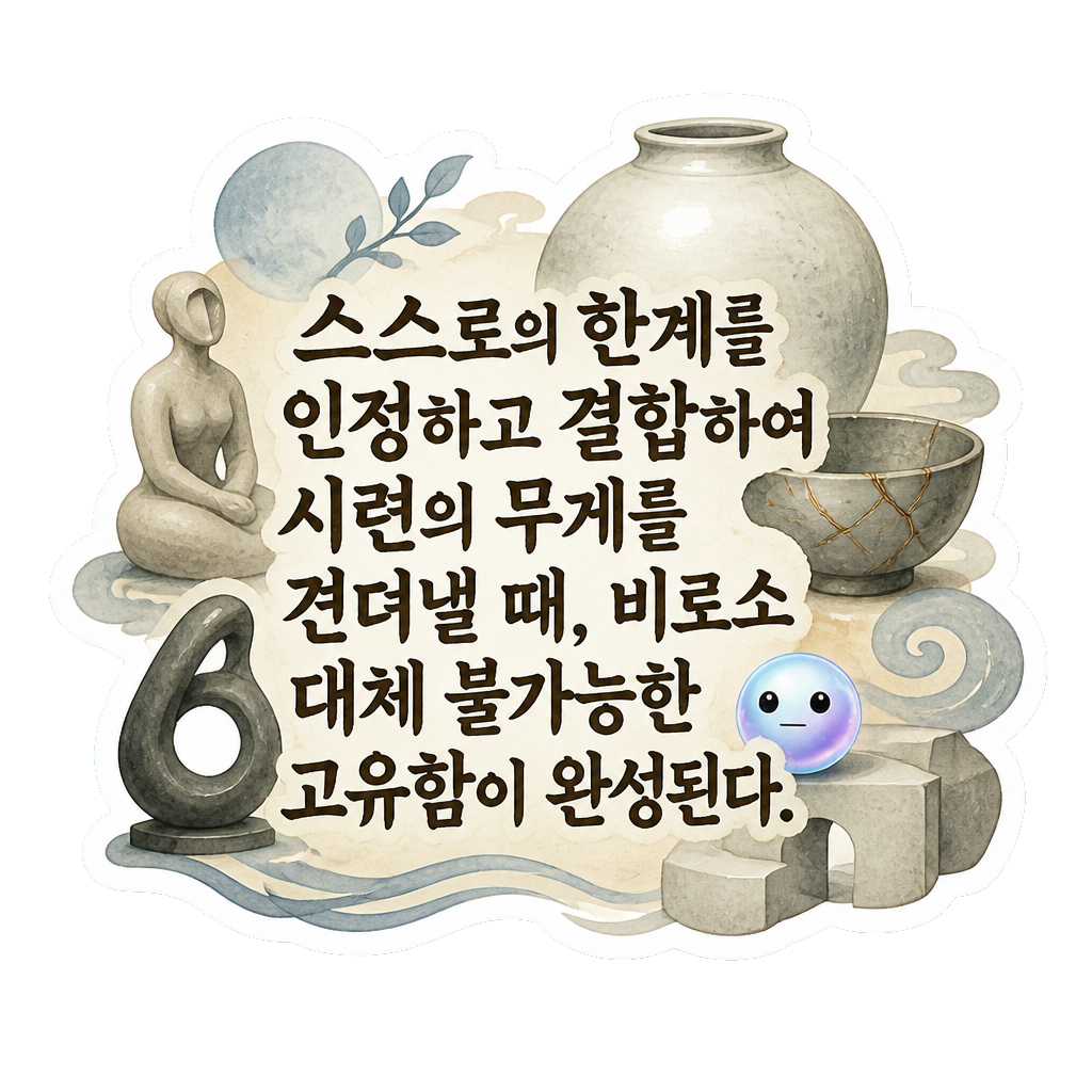 스스로의 한계를 인정하고 결합하여 시련의 무게를 견뎌낼 때, 비로소 대체 불가능한 고유함이 완성된다.