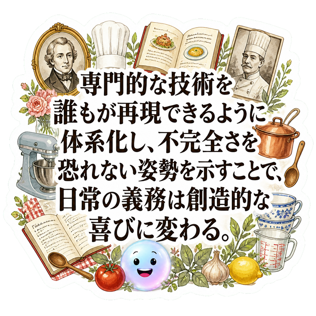 専門的な技術を誰もが再現できるように体系化し、不完全さを恐れない姿勢を示すことで、日常の義務は創造的な喜びに変わる。