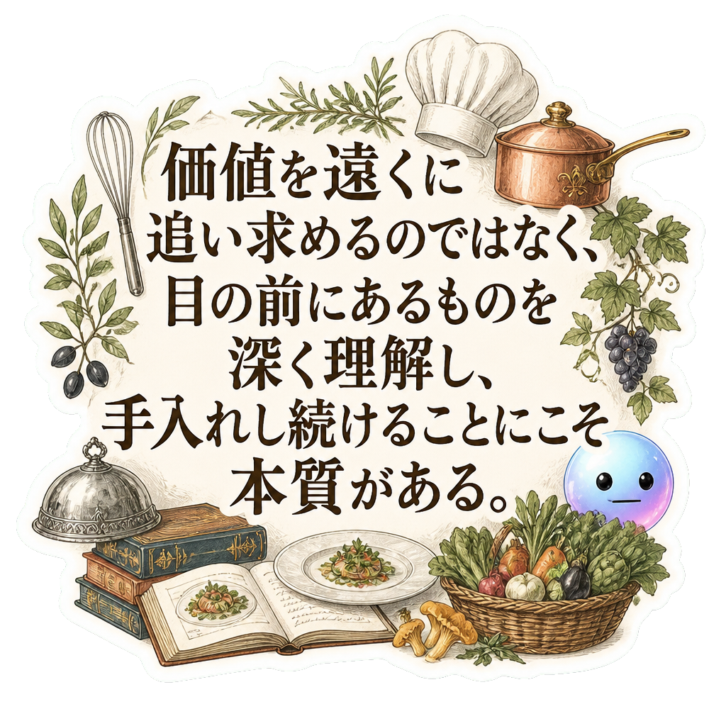 価値を遠くに追い求めるのではなく、目の前にあるものを深く理解し、手入れし続けることにこそ本質がある。