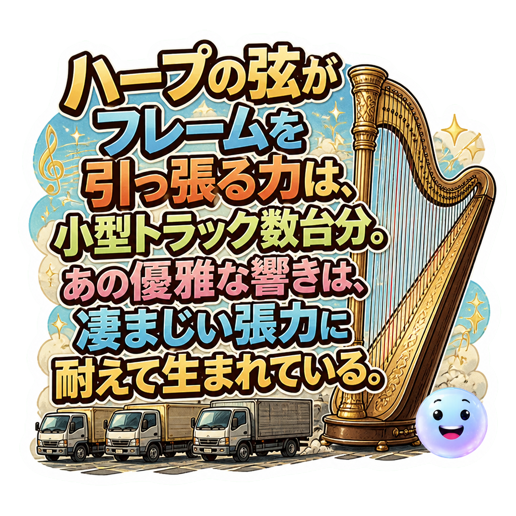 ハープの弦がフレームを引っ張る力は、小型トラック数台分。あの優雅な響きは、凄まじい張力に耐えて生まれている。