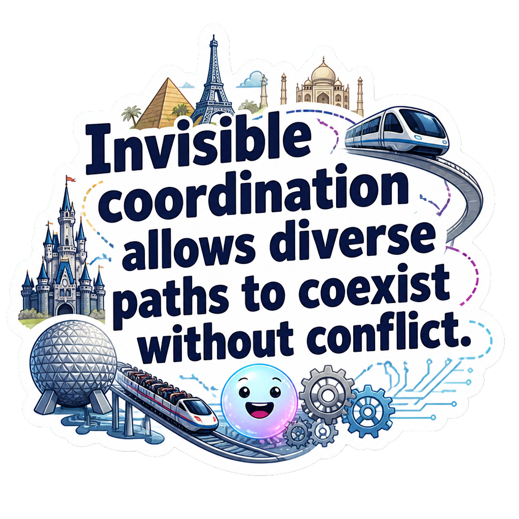 Invisible coordination allows diverse paths to coexist without conflict.